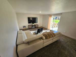 Living room featuring carpet flooring and a textured ceiling