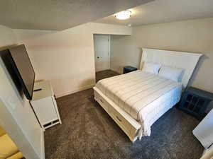 Bedroom featuring dark colored carpet and a textured ceiling