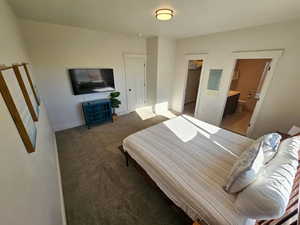 Bedroom featuring carpet flooring, a walk in closet, and ensuite bathroom