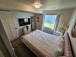 Bedroom featuring dark colored carpet and a textured ceiling