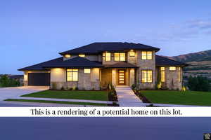 Prairie-style home with driveway, stone siding, a front yard, and a garage
