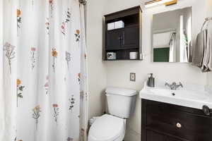 Full bath featuring vanity and a shower with curtain