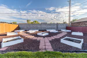Fenced backyard featuring a vegetable garden and a patio area