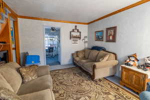 Living area with ornamental molding, a textured wall, a textured ceiling, a ceiling fan, and carpet