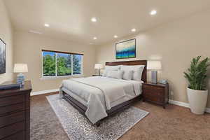 Carpeted bedroom with recessed lighting
