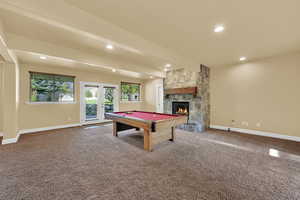 Rec room featuring beamed ceiling, pool table, carpet flooring, french doors, and recessed lighting