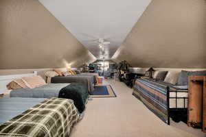 Living room/Loft area featuring carpet floors, lofted ceiling, a textured ceiling, and a ceiling fan