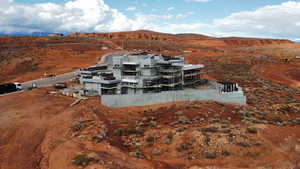 Bird's eye view of mountains and a desert landscape