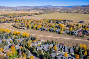 Aerial perspective of suburban area with mountains