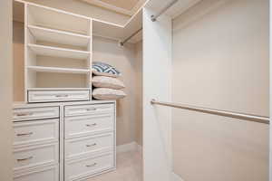 Walk in closet featuring light carpet