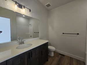 Full bath with dark wood-style flooring and vanity