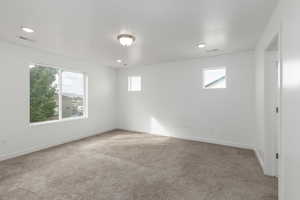 Spare room featuring light carpet and recessed lighting