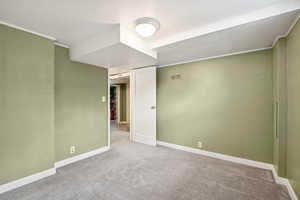 Basement featuring carpet and baseboards