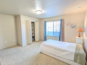 Bedroom featuring carpet floors, a textured ceiling, and a closet