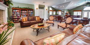 Carpeted living room featuring vaulted ceiling