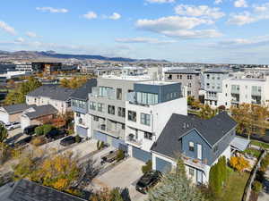 Aerial perspective of suburban area featuring mountains