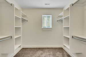 Walk in closet with light carpet