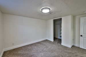 Unfurnished bedroom featuring a textured ceiling, light colored carpet, and a closet
