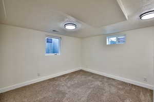 Below grade area with a textured ceiling and carpet floors