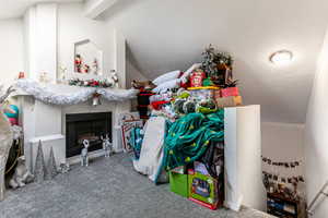 Additional living space featuring a fireplace and carpet floors