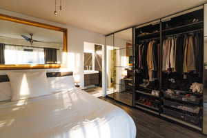 Bedroom featuring dark wood-type flooring and a closet