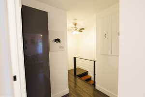 Corridor with dark wood-type flooring and an upstairs landing
