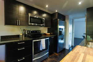 Kitchen with stainless steel appliances, dark cabinetry, recessed lighting, dark stone counters, and modern cabinets