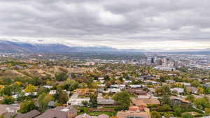 Aerial perspective of suburban area with a mountain backdrop