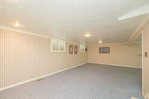 Finished basement featuring ornamental molding and carpet