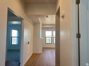 Hallway featuring wood finished floors and healthy amount of natural light