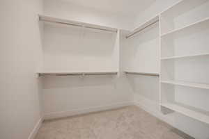 Walk in closet with light carpet