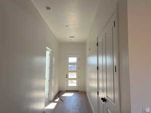 Doorway featuring wood finished floors and a textured ceiling