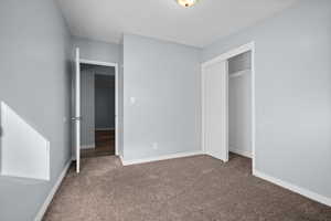 Unfurnished bedroom featuring carpet floors and a closet