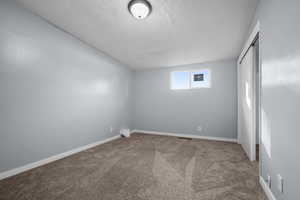 Unfurnished bedroom featuring carpet flooring, a closet, and a textured ceiling