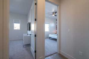 Corridor featuring light colored carpet and healthy amount of natural light