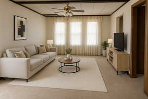 Living room with healthy amount of natural light, light carpet, and a ceiling fan