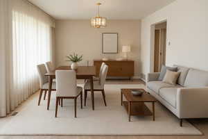 Dining space featuring a chandelier and baseboards