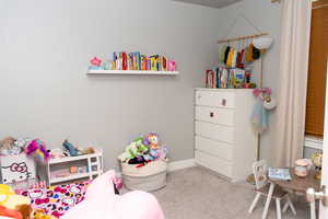 Recreation room with carpet and baseboards