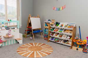 Game room featuring light colored carpet