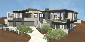 Contemporary home featuring driveway, a balcony, a garage, and stucco siding