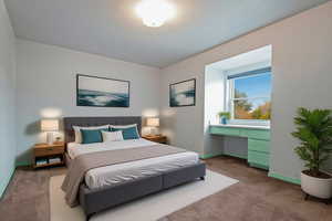 Bedroom featuring carpet and built in study area