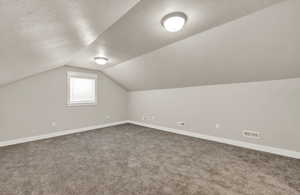 Additional living space featuring light carpet, a textured ceiling, and vaulted ceiling