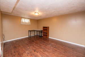 Finished basement featuring a textured ceiling and dark wood finished floors