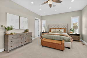 Bedroom with carpet, recessed lighting, and a ceiling fan