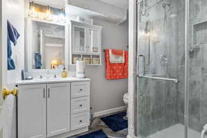Full bath featuring vanity and a shower stall