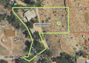 Aerial view of property's location with apprximate property boundaries highlighted courtesy of onx