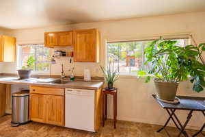 Kitchen with dishwasher and light countertops