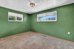 Unfurnished room with a textured ceiling and carpet floors