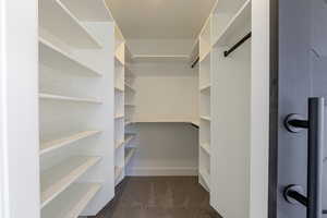 Spacious closet featuring dark colored carpet