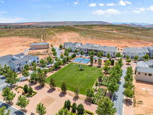 Aerial view of residential area with mountains